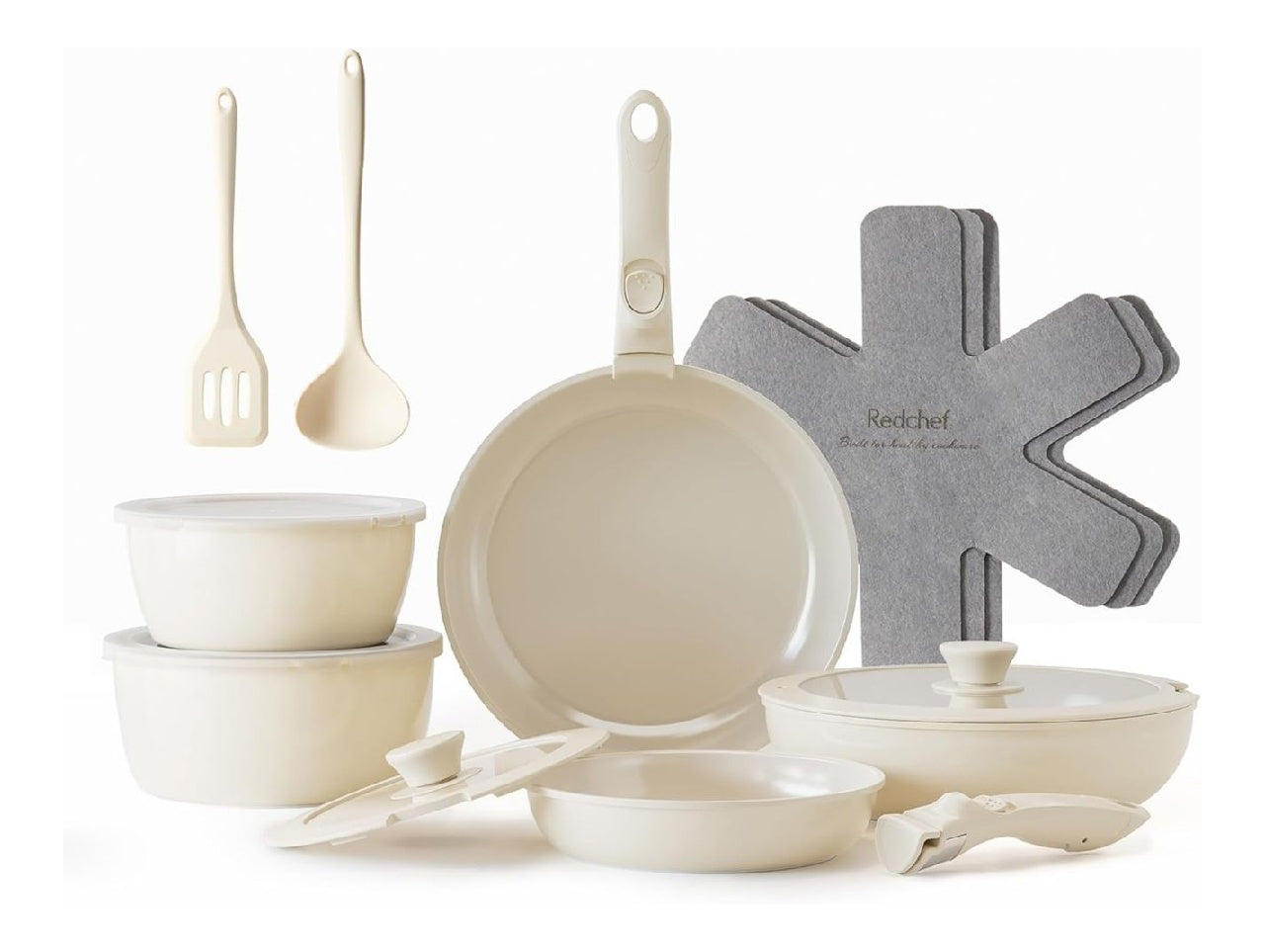 de accumulateur Redchef cuisine ceramique 16 pieces poele et casserole antiadhesives poignee amovible induction sans PFAS lavevaisselle Beige