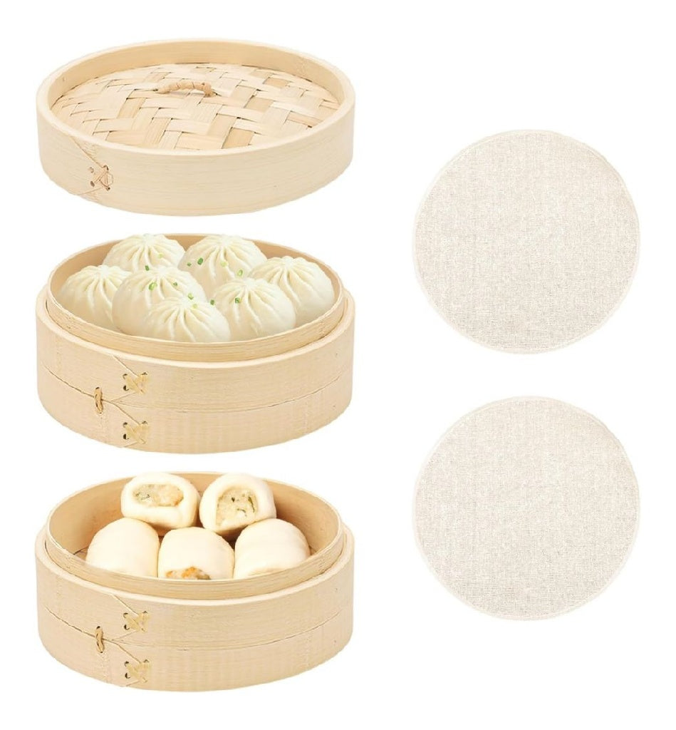 Panier dans Vapeur Bambou a 2 etages ? 18CM Cuiseur Vapeur Bambou avec 2 Chiffons en Coton Utilise pour Les boulettes Le Riz Les collations Les legumes Le Poisson ainsi que la Viande